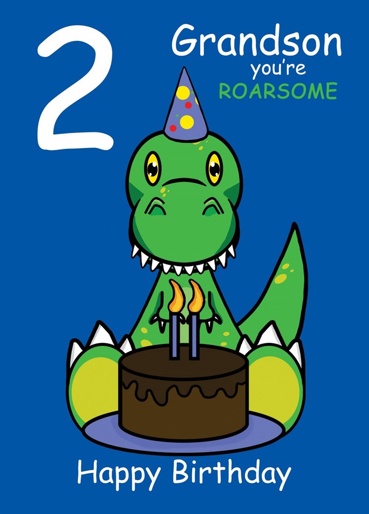 Dinosaur Roarsome Grandson 2nd Birthday Card