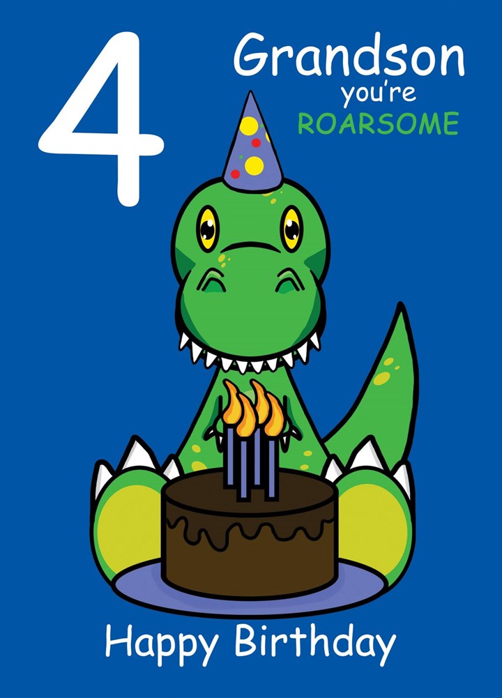 Dinosaur Roarsome Grandson 4th Birthday Card