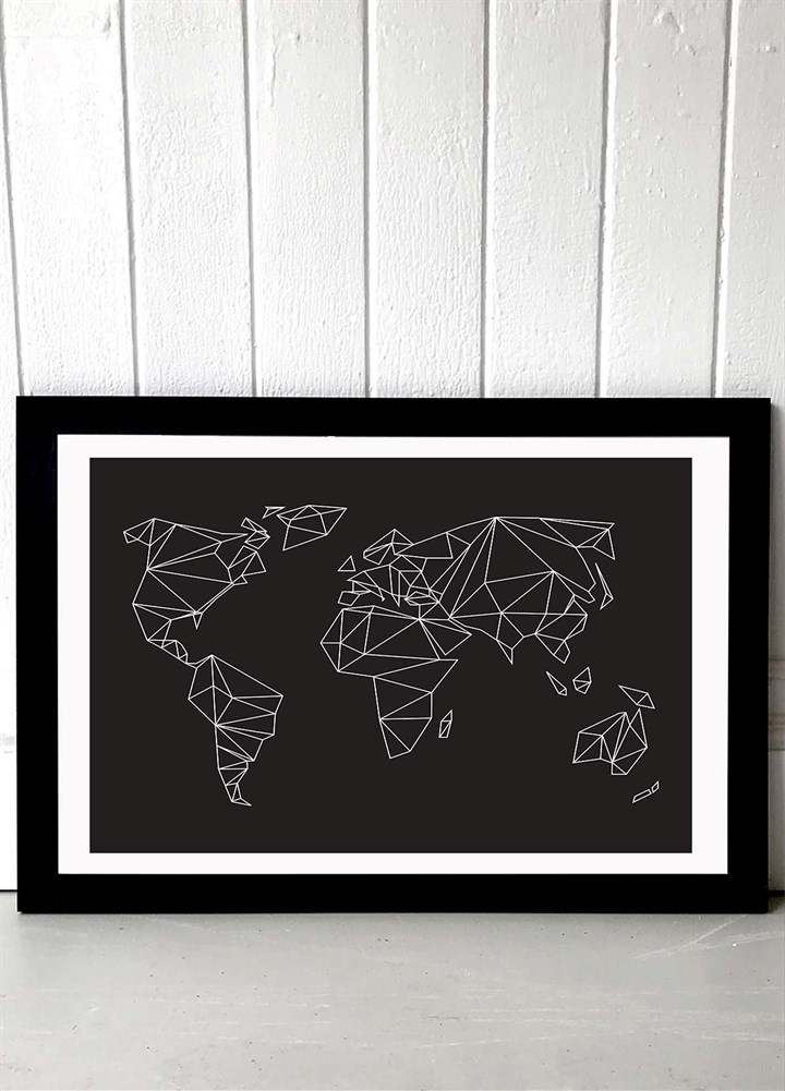 Geometric World Map Black Art Print by Studio Na.hil