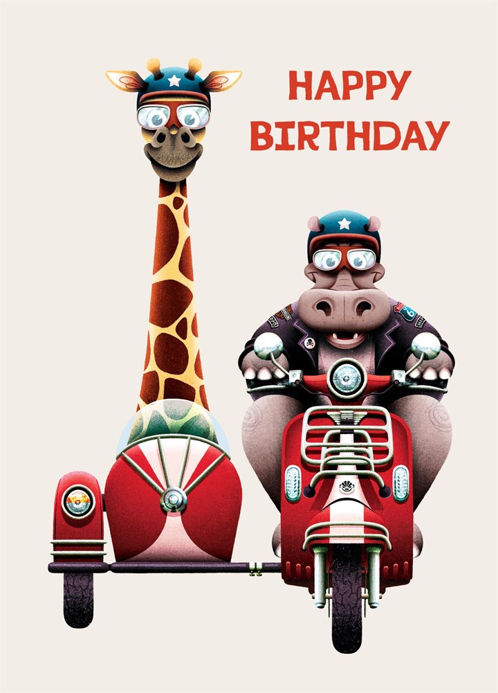 Giraffe & Hippo Retro Moped Birthday Card