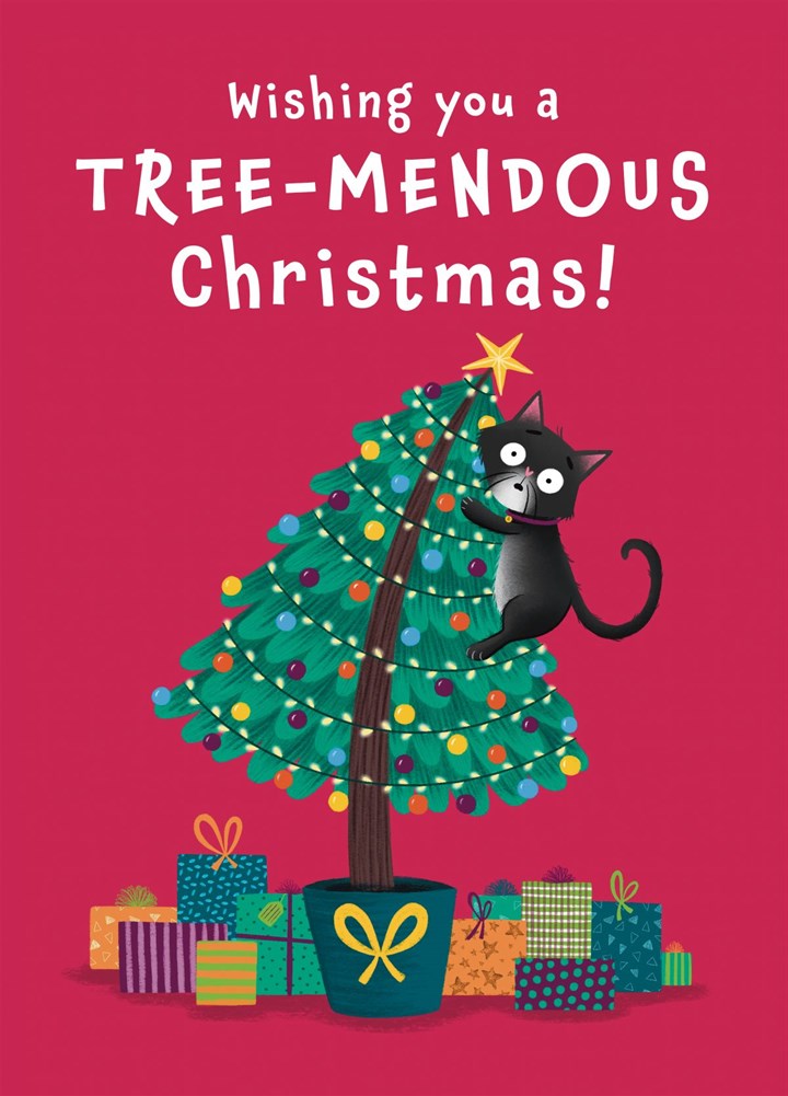 Wishing You A Tree-mendous Christmas! Cat Christmas Card