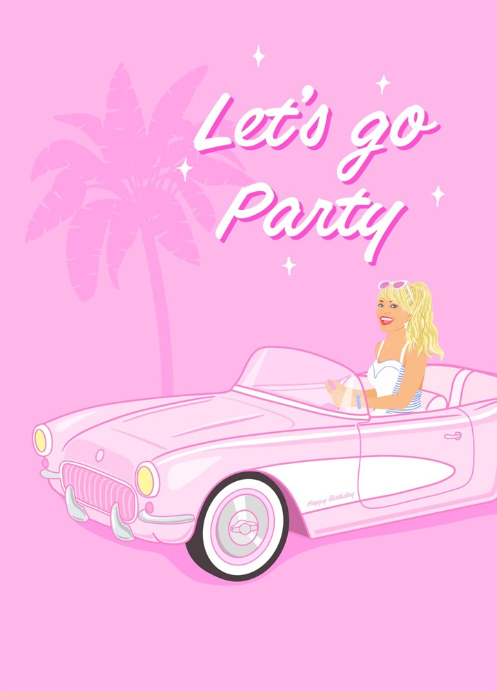 Let's Go Party Barbie Car Birthday Card.