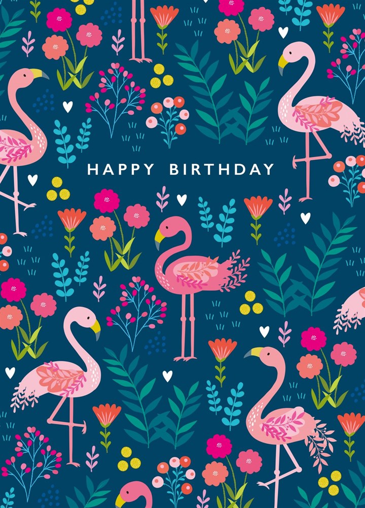 Happy Birthday Colourful Flamingo Pattern Card