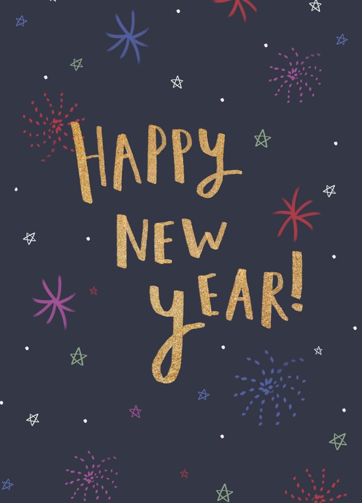 Cute Happy New Year Lettering Card With Fireworks Open Send
