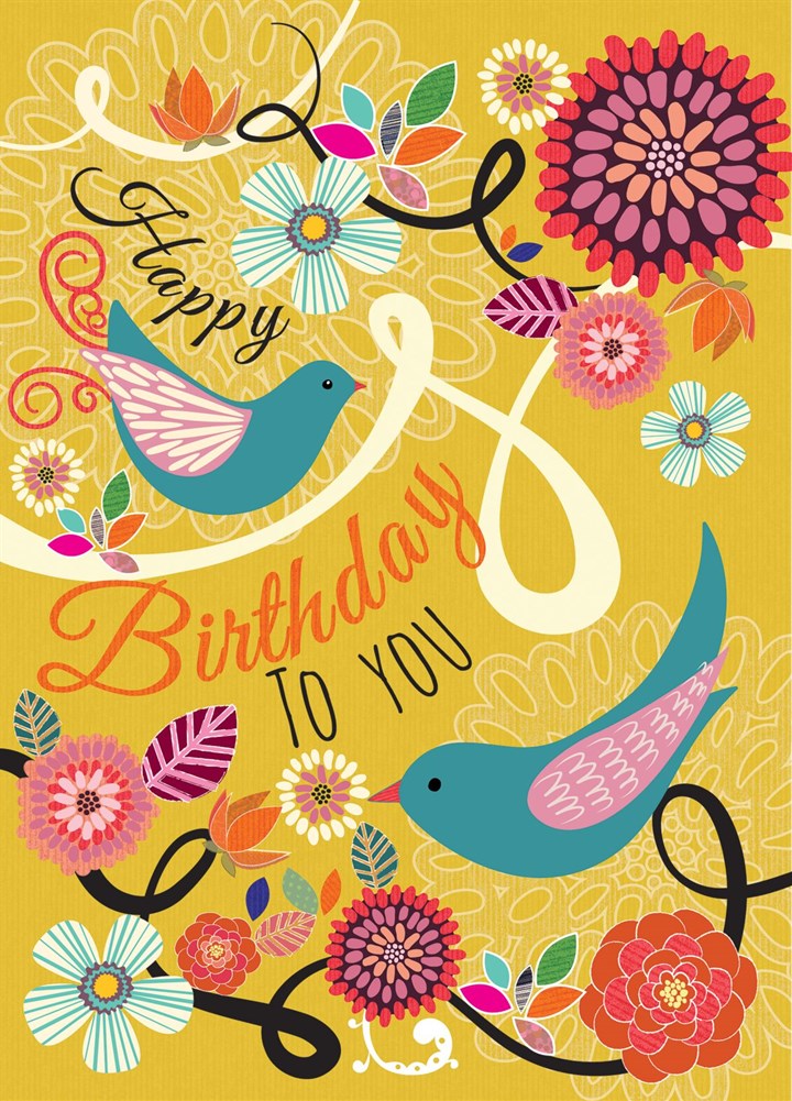 Happy Birthday Floral Yellow Birds Card