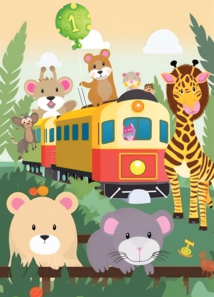 Cute "Animals On Train" 1st Birthday Card