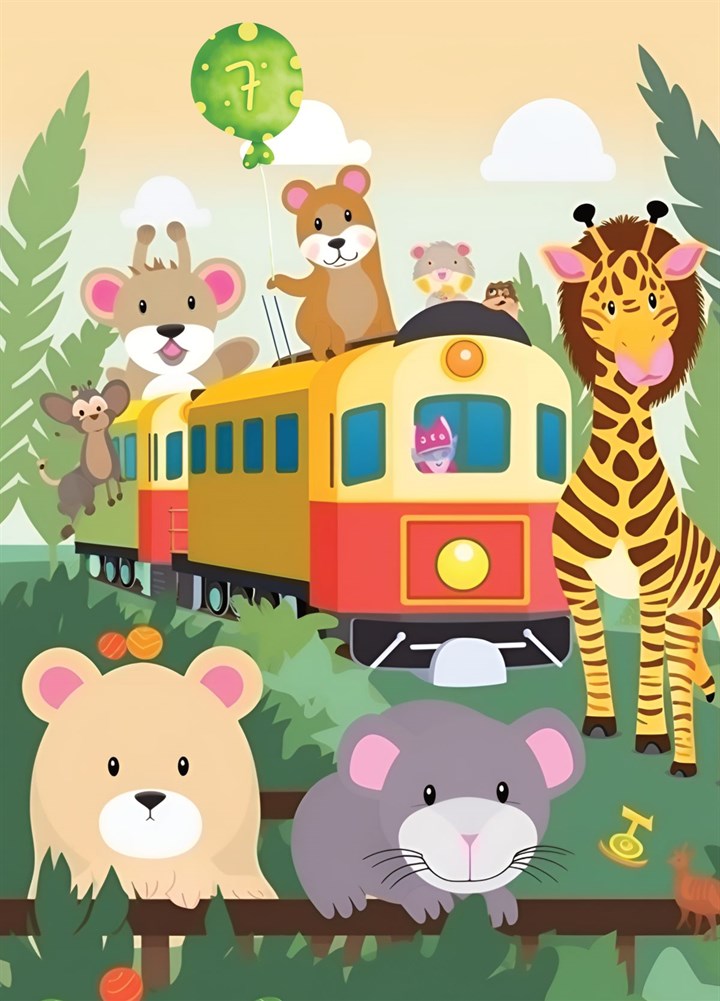 Cute "Animals On Train" Themed 7th Birthday Card