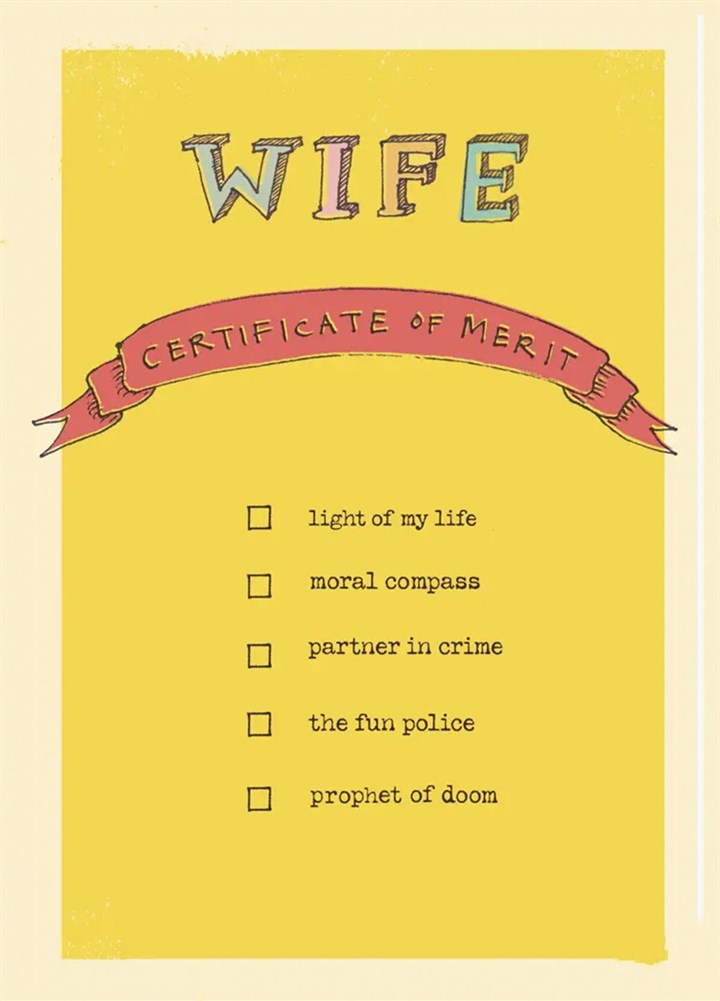 'Wife Certificate Of Merit' Greetings Card