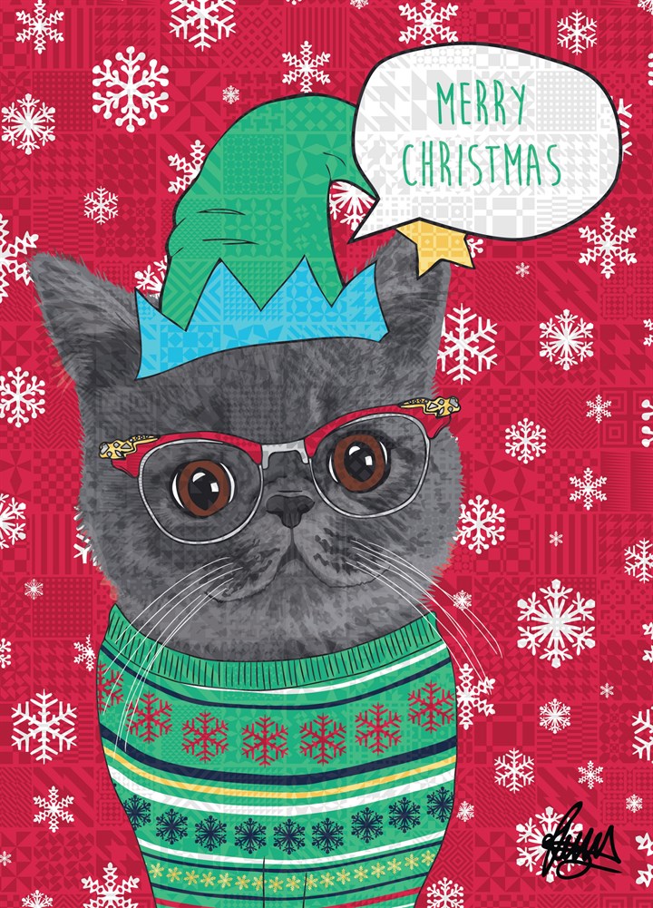 Grey Cat Glasses Christmas Jumper Card