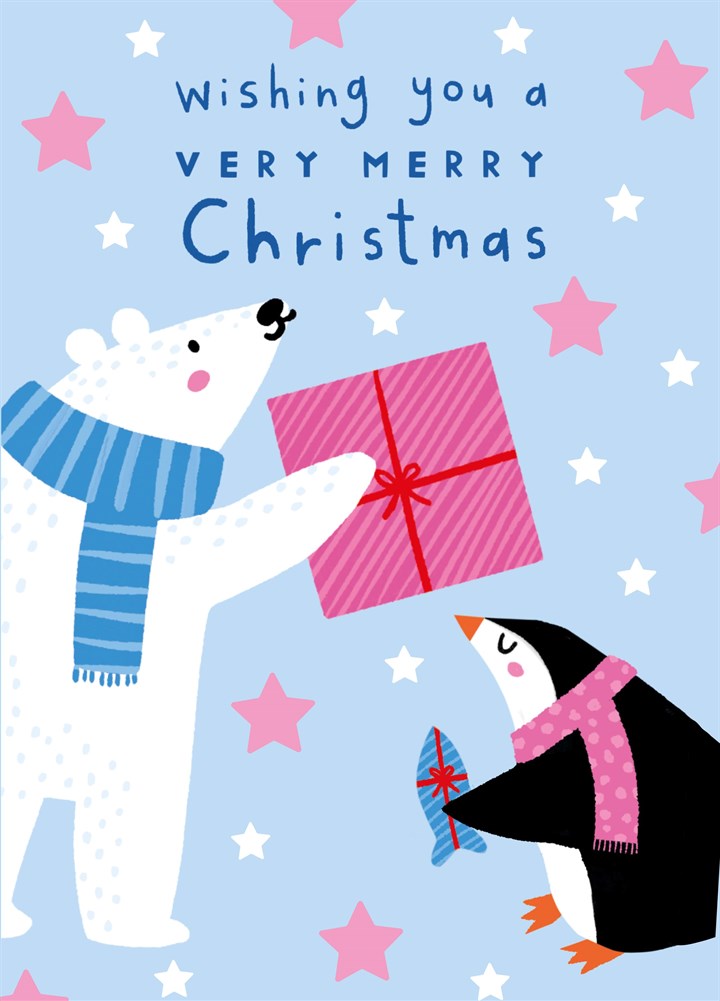 Cute Polar Bear And Penguin Christmas Card