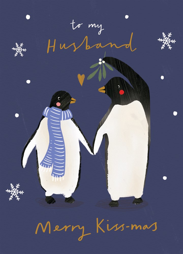 Husband Penguin Kisses Christmas Card