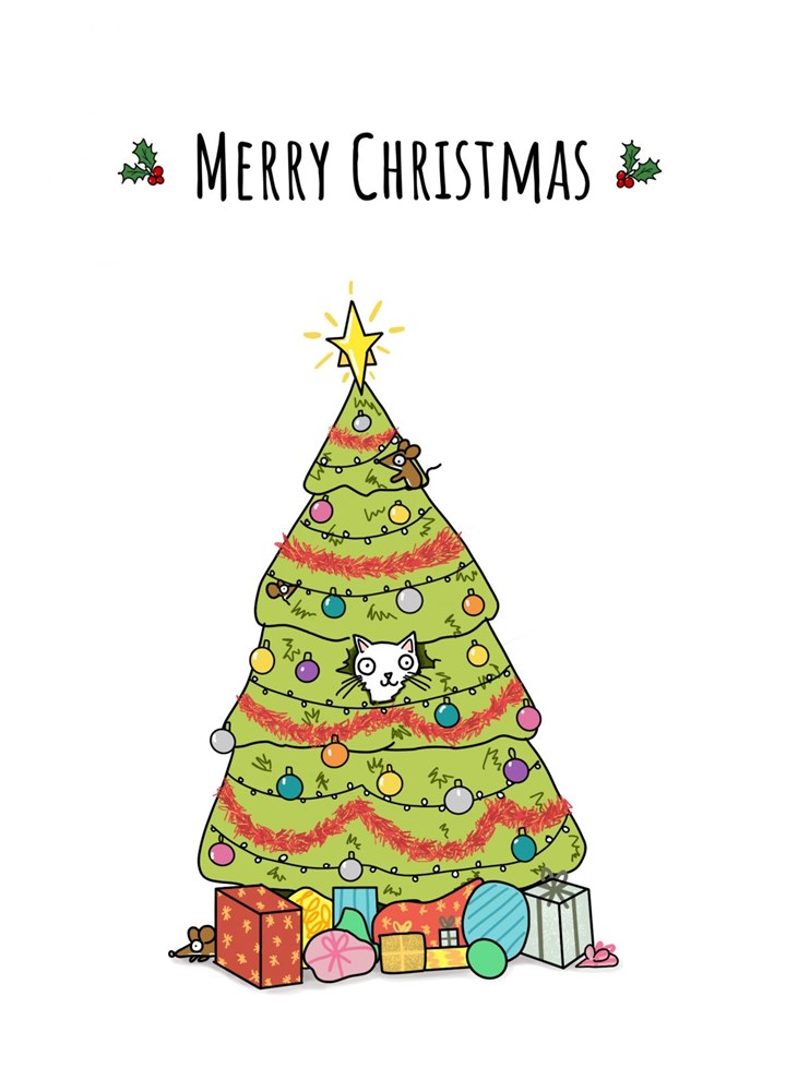 Cat In Christmas Tree Card