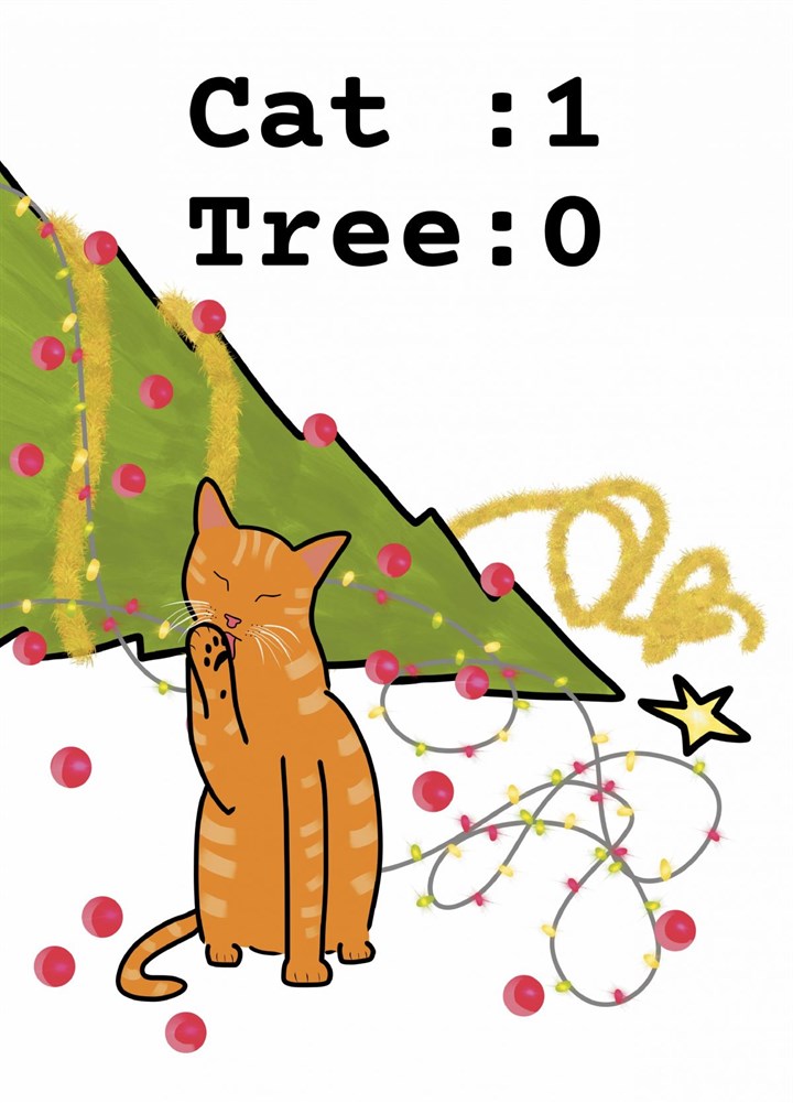 Video Game Funny Cat Vs Christmas Tree Card