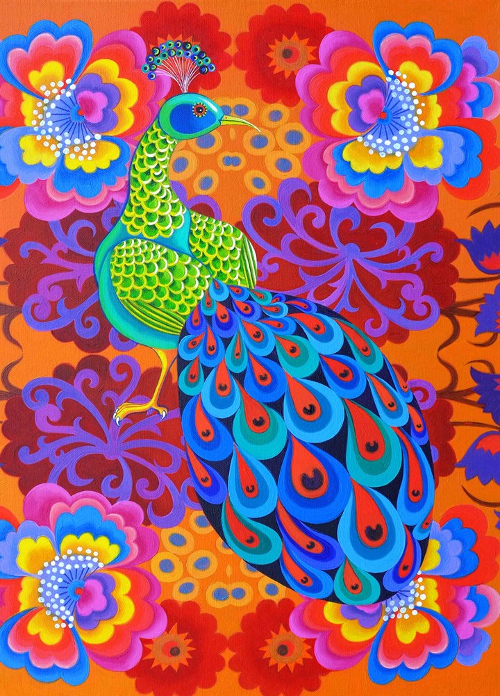 Peacock With Flowers Card