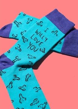 I willy, willy, willy love you.  Fab socks with knobs on!.  Great gift to express your heart's true desire.  Made from: 77% cotton, 22% polyamide, 1% elastane.  Unisex size 6-11. If your partner loves cock and warm feet, why not combine the two together? Keep their feet warm and toasty by treating a loved one (or even yourself) to these exclusive Scribbler foot accessories. Can even be worn with sandal in the summer&hellip; If you want to look like a proper knob that is!
