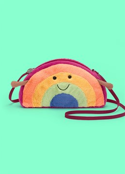 <ul>    <li>Wear this technicolour handbag with pride!</li>    <li>Secure zipped compartment</li>    <li>Long cross-body webbed strap</li>    <li>Recommended for ages 3+</li>    <li>Dimensions: 13cm high, 25cm wide</li>    <li>This product is not a toy</li></ul><p>This adorable Amuseable Rainbow Bag by Jellycat would make a unique and adorably cute travel companion to brighten anyone's day! The perfect pressie for Pride season (or any other celebration!) we're confident this quirky yet practical gift choice will add a splash or colour (or five) to the proceedings.<br /><br />With a signature smiling face and little corded legs, this huggable handbag may has just enough room to hold all your essentials, keeping them safely stored away within the rainbow arc - just like a pot of gold! With a plush, rainbow-striped outer, this accessory is irresistibly soft and fluffy, and perfect for anyone with a fun sense of style.<br /><br />Strap length is 119cm. Wipe clean only; do not tumble dry, dry clean or iron. Not recommended to clean in a washing machine.</p>