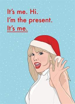 Bring all the festive joy to your favourite Swiftie this holiday season with our Taylor Swift-inspired greeting card. Featuring an illustration of Tay Tay herself, with a playful reference to her song "Anti-Hero," the caption reads, "It's me. Hi. I'm the present. It's me." This pop culture card is the perfect way to spread cheer to your fave Swiftie during the most wonderful time of the year. Because who needs a Christmas present when the card is this good? Designed by Bonne Nouvelle.