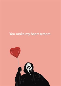 Is your special someone a horror film aficionado? Send them a card that cuts straight to the heart with this card inspired by the horror movie franchise 'Scream'. Featuring an illustration of Ghostface holding a heart shaped balloon with the caption 'You make my heart scream', it is the perfect Valentine or anniversary card for the one you love (....to watch scary movies with)!
