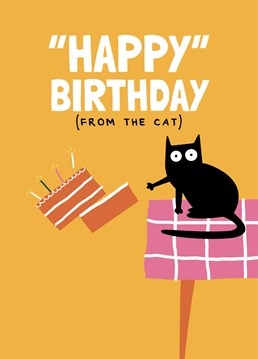 Naughty cat pushing cake off table birthday card