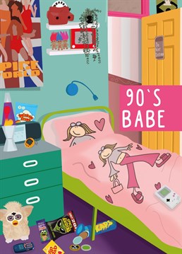 Send this groovy throwback card to a 90s babe for their birthday. Complete with Spice Girls, Pogs, Retro Sweets, Tamagotchi, 3210 phone, furby and lots more 90s things to spot!
