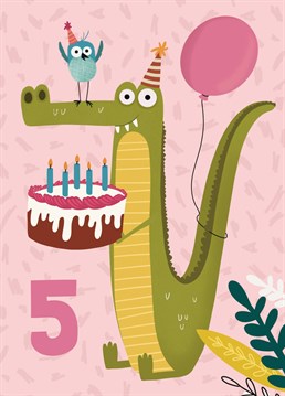 Send this cute age card crocodile holding cake birthday card to someone on their 5th birthday! Suitable for girls and boys!