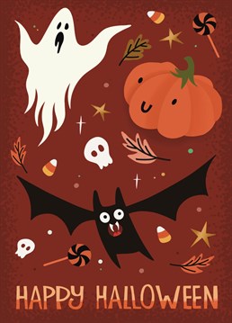 Cute hand illustrated Halloween Pumpkin, Ghost and Bat Card