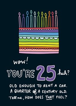 So, they're turning 25, make sure you ask them how old they really feel with this Angela Chick birthday card.