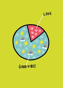 A pie chart featuring love and good vibes so it probably isn't edible. A card designed by Angela Chick.