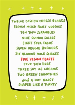 How boring must a vegan Christmas dinner be? surely they can take a cheat day? A card designed by Angela Chick.