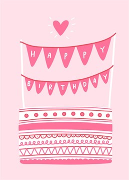 Send birthday wishes with this pink cake card