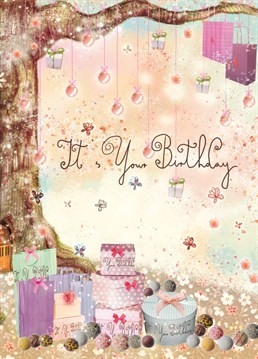 A magical setting on this birthday card by Art File with lots of presents underneath a decorated tree.