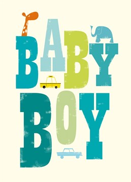 Baby Boy with Animals and Cars by Art File.Congratulate the parents with this lovely Baby Boy card!