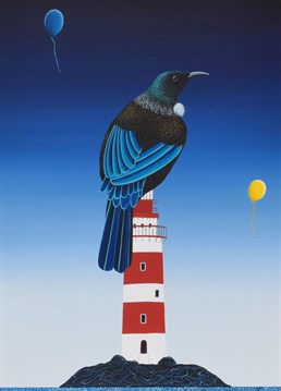 A surreal depiction of a Tui bird perched upon New Zealand's iconic Cape Palliser lighthouse. The Tui is in the centre of all things as nature is, but also reminds us to be present for each memory. Every moment departs, as a child's lost balloon, but our memory endures.