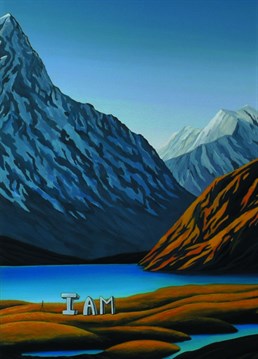 A surreal landscape inspired by Lake Wanaka in New Zealand. A tiny figure strides towards a stone monolith "I AM" symbolising the search for identity and self discovery. We are all traveling to discover who we are.