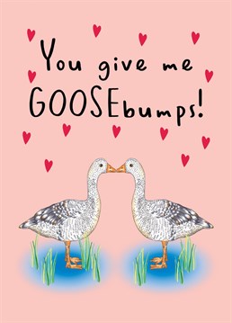 Send this cute pun illustrated gooses - You Give Me Goosebumps card to a loved one to celebrate your Anniversary, Valentine's Day or just to show them you love them!
