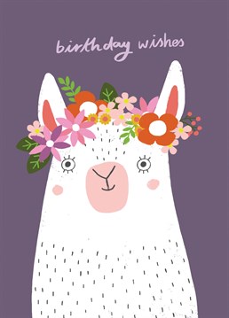 Send happy birthday wishes with this sweet llama card wearing a pretty floral crown.
