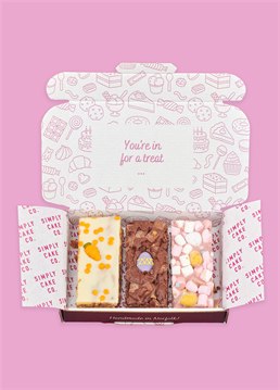 <p>Introducing the baked delights of Simply Cake Co: the perfect treats to make an occasion extra special (and sweet), delivered directly through your loved one's letterbox!<br />
<br />
Shockingly, this month's special selection of brownies and bakes has been made with Easter in mind! The 3 x limited edition flavours included in this gift box are:</p>
<ul>
    <li>Mini Egg Rocky Road - Crunchy digestives, heaps of melt-in-the-mouth Ruby Belgian chocolate and colourful milk chocolate eggs make up this fun and decadent rocky road.</li>
    <li>Carrot Cake Blondie - A super gooey, brown sugar blondie, with mixed spice and fresh carrot, finished with a white chocolate orange truffle.</li>
    <li>Choc Chunk Brownie - Our classic rich and gooey brownie with an Easter egg topper.</li>
</ul>
<p>These are handmade in the UK with the best ingredients including proper butter, free-range eggs, Belgian chocolate AND gluten free flour so that more people can enjoy their great taste! Simply Cake Co. baked goods are packed full of chocolate, which gives them a shelf life of a good 10 days on arrival. Keep them wrapped up tight, or freeze if you want to keep them longer!<br />
<br />
<strong>Please note that this product is fulfilled by our partner Simply Cake Co. and therefore will be sent separately to our other cards and gifts.</strong></p>
<p><strong>Ingredients</strong></p>
<p><strong>Mini Egg Rocky Road:</strong></p>
<p>Chocolate (Sugar, cocoa butter, whole&nbsp;<strong>MILK</strong>&nbsp;powder, emulsifier (<strong>SOY&nbsp;</strong>lecithin (E322)), natural vanilla flavouring, cocoa mass, citric acid), Gluten-free digestives (Maize Starch, Sugar, Rice Flour, Margarine (Palm Oil, Palm Stearin, Water,&nbsp;<strong>Coconut</strong>&nbsp;Oil, Rapeseed Oil, Lemon Juice), Potato Starch, Vegetable Oils (Palm Oil, Rapeseed Oil), Glucose Syrup, Rice Bran, Millet Flake, Raising Agents (Disodium Diphosphate, Potassium Hydrogen Carbonate), Dried&nbsp;<strong>EGG</strong>, Stabiliser (Xanthan Gum), Salt), marshmallows(Glucose Syrup, Sugar, Dextrose, Water, Stabiliser, Sorbitol, Gelatine, Flavouring, Colour Carmines), Rapeseed oil, chocolate eggs (Sugar, Cocoa Butter*, Dried Skimmed&nbsp;<strong>MILK</strong>, Cocoa Mass*, Dried Whey (<strong>MILK</strong>), Lactose (<strong>MILK</strong>), Butter Oil (<strong>MILK</strong>), Tapioca Starch, Emulsifier (Lecithins (<strong>SOYA</strong>)), Caramelised Sugar Syrup, Vanilla Flavouring, Fruit, Plant &amp; Vegetable Extracts (Beetroot, Spirulina, Safflower, Apple), Acidity Regulator (Citric Acid), Colour (Curcumin), sprinkles (Sugar, potato starch, sunflower oil, rice flour. Colours; concentrate of radish, Carrot, Apple, Safflower, spirulina, blackcurrant, Glazing agent; carnauba wax.)</p>
<p><strong>Carrot Cake Blondie:</strong></p>
<p>White Chocolate (Sugar, Cocoa butter, whole&nbsp;<strong>MILK</strong>&nbsp;powder, emulsifier&nbsp;<strong>SOY</strong>&nbsp;Lecithin, Natural Vanilla flavouring), Sugar (Caster and soft brown), Butter (<strong>MILK</strong>), Milk Chocolate (Cocoa mass, Sugar, Cocoa butter, whole&nbsp;<strong>MILK</strong>&nbsp;powder, emulsifier&nbsp;<strong>SOY</strong>&nbsp;Lecithin, Natural Vanilla flavouring), free-range&nbsp;<strong>EGG</strong>, gluten-free flour blend (rice, potato, tapioca, maize, buckwheat), xanthan gum, natural bourbon vanilla flavouring with other flavourings, mixed spice (Cinnamon, Ground Coriander, Allspice, Clove, Ginger, Nutmeg),&nbsp;<strong>PECANS</strong>, carrot, orange oil, evaporated&nbsp;<strong>MILK&nbsp;</strong>(Evaporated&nbsp;<strong>MILK&nbsp;</strong>with added vitamin D,&nbsp; 9%&nbsp;<strong>MILK&nbsp;</strong>fat, 22%&nbsp;<strong>MILK&nbsp;</strong>solids non-fat), sugar carrot (Sugar; cornstarch; powdered EGG albumen; colours: E102, E129, E133)</p>
<p><strong>Choc Chunk Brownie:</strong></p>
<p>Caster sugar, Chocolate (Cocoa mass, Sugar, Cocoa butter, whole&nbsp;<strong>MILK</strong>&nbsp;powder, emulsifier&nbsp;<strong>SOY</strong>&nbsp;Lecithin, Natural Vanilla flavouring), White Chocolate (Sugar, Cocoa butter, whole&nbsp;<strong>MILK</strong>&nbsp;powder, emulsifier&nbsp;<strong>SOY</strong>&nbsp;Lecithin, Natural Vanilla flavouring), Butter (<strong>MILK</strong>), free-range&nbsp;<strong>EGG</strong>, gluten-free flour blend (pea, rice, potato, tapioca, maize, buckwheat), cocoa powder, salt, xanthan gum, Sugar Egg (Sugar; cornstarch; powdered&nbsp;<strong>EGG&nbsp;</strong>albumen; colours: E102, E122, E129, E133)</p>
<p><strong>For allergens please see above in bold. Made in a bakery that handles NUTS &amp;&nbsp;</strong><strong>PEANUTS therefore may contain traces. May contain MUSTARD.&nbsp;</strong></p>
<p><strong>Not suitable for vegetarians.</strong></p>
<p>&nbsp;</p>