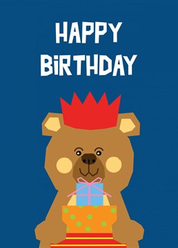An adorable digital collage style bear in a party hat and carrying gifts features on this 'happy birthday' greeting.