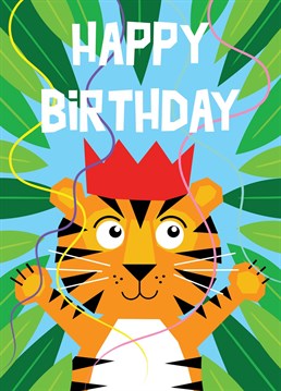 A cute digital collage style tiger in the jungle features on this children's birthday greeting.