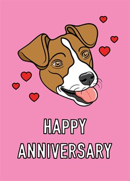An adorable little dog with love hearts features on this cute happy anniversary greeting!