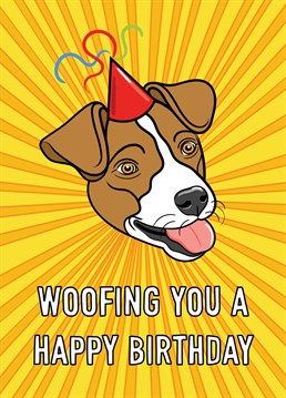 A happy little dog in a party hat and a play on words feature on this cute birthday greeting. Perfect for dog lovers.