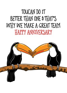 A couples anniversary card with a fun play on words and featuring a pair of toucan birds.