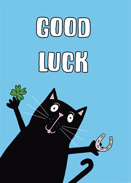 This cute good luck design covers all bases with no less than three lucky symbols of a black cat, a horse shoe and a four leafed clover.