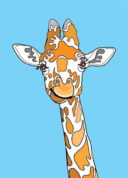 An illustrative style art card featuring a portrait of a giraffe on a pale blue background.