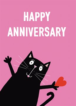 A cute black cat with a love heart features on this heartfelt anniversary greeting.