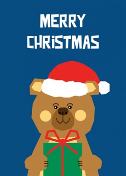 An adorable digital collage style bear with gifts features on this festive greeting.