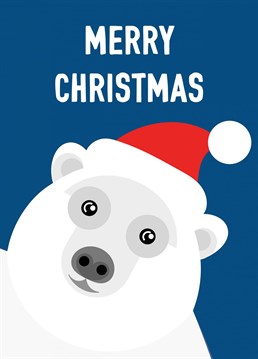 A cute polar bear in a Christmas hat features on this seasonal Merry Christmas design.