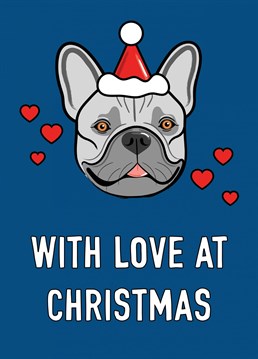 Some Christmas love featuring a cute Frenchie dog in a festive hat.