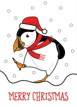 A seasonal greeting featuring a cute puffin in the snow.