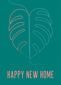 An elegant and stylish continuous line cheese plant leaf drawing features on this new home design in tones of teal and coral pink.